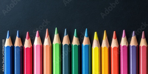 Colorful arrangement of sharpened colored pencils in a row with shades of blue, pink, green, orange, and yellow on a dark background.