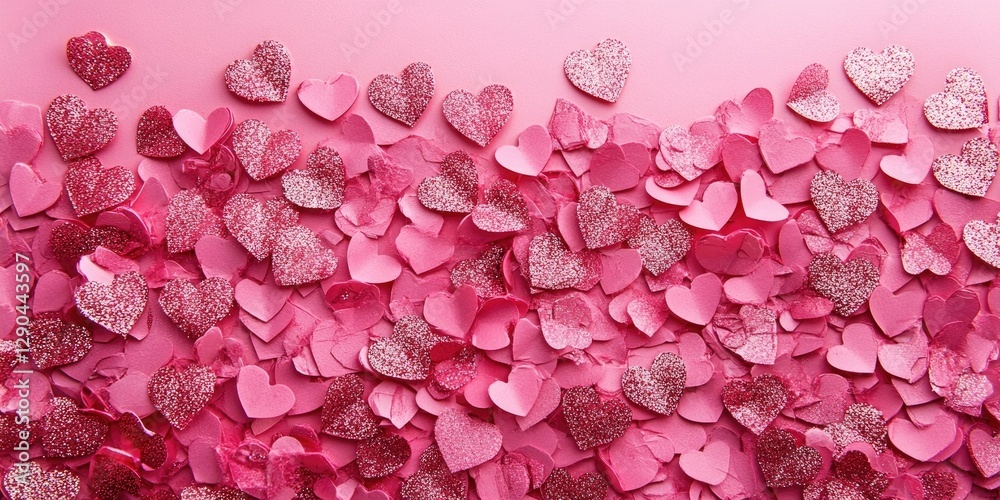 Sparkling pink heart shaped confetti arranged on a vibrant pink background creating a festive and romantic atmosphere with varying shades of pink Sparkling pink heart shaped confetti arranged on a vibrant pink background creating a festive and romantic atmosphere with varying shades of pink