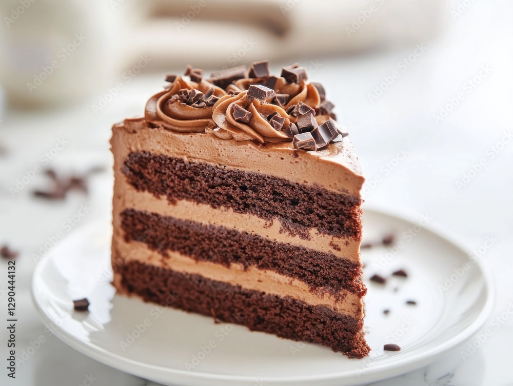 Indulgent gourmet chocolate cake slice with rich frosting and chocolate shavings Indulgent gourmet chocolate cake slice with rich frosting and chocolate shavings