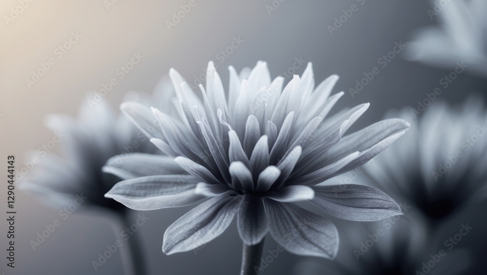 Fototapeta premium Gray Flower. Close up studio shot of aster flower. Floral detail with petals and soft light. Blossom with dark and light tones.
