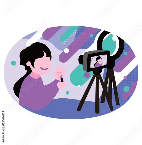 人気女性配信者がカメラ前でメイク動画を撮影中_インフルエンサーの配信舞台裏イラスト