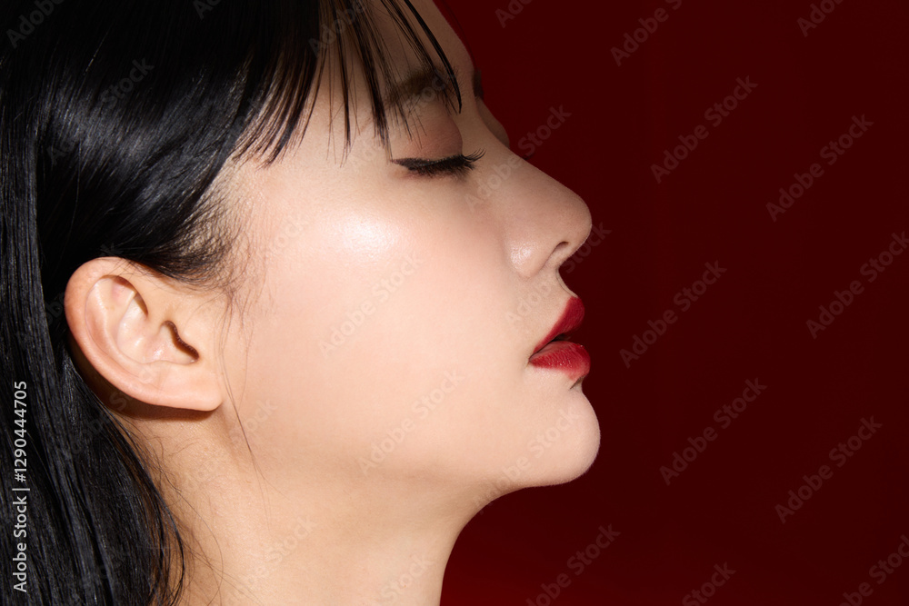 Fototapeta premium 赤い口紅のメイクアップをした若い女性のシックなポートレート