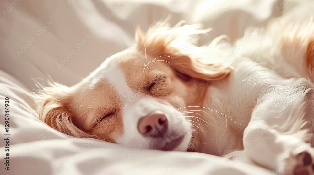 A serene dog peacefully sleeping on soft bedding, embodying comfort and tranquility, National Pet Day A serene dog peacefully sleeping on soft bedding, embodying comfort and tranquility, National Pet Day