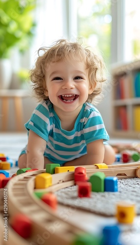 Joyful toddler playing with wooden train track indoors photo