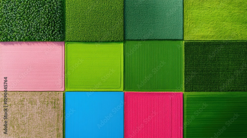 Fototapeta premium Geo-Palette Agriculture Multicolor Crop Patterns in Aerial View - Eco-Farming Aesthetic for Sustainable Food Systems and AgTech Innovation