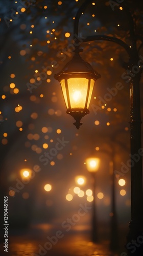 A vintage lamppost illuminating a walkway on a misty evening
