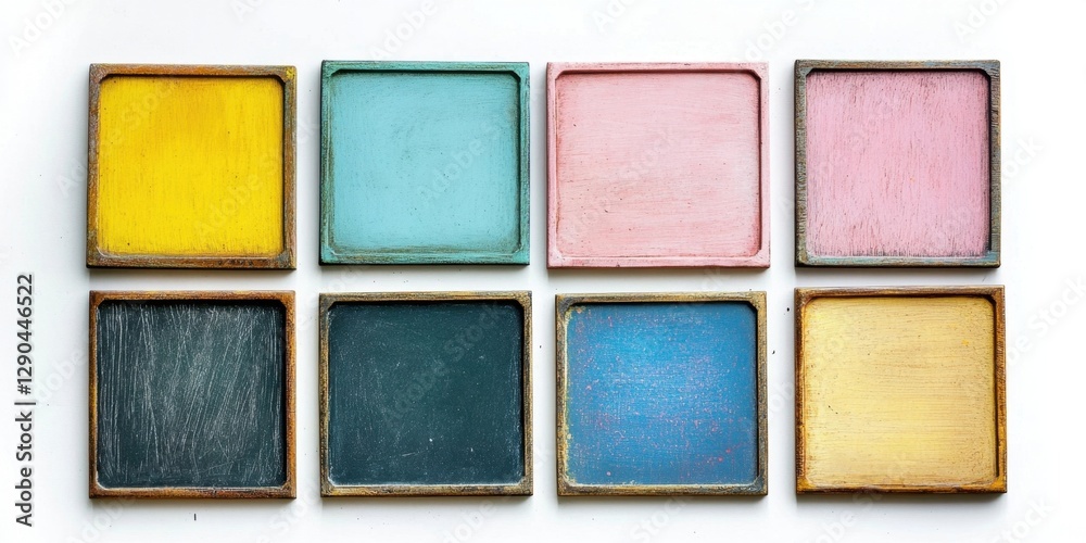 Fototapeta premium Colorful small chalkboards in square frames arranged in two rows of four against a clean white background highlighting vibrant hues of pink yellow blue green and black