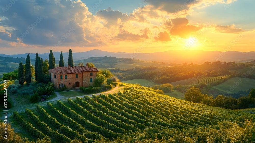 Naklejka premium Tuscan farmhouse illuminating during golden hour sunset over vineyards