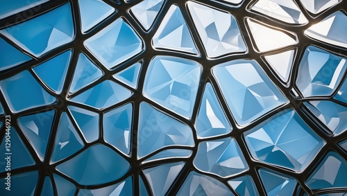 Blue glass mosaic. Black grid holds many geometric shiny shapes. Light reflects off smooth surfaces. Abstract pattern on texture with shades