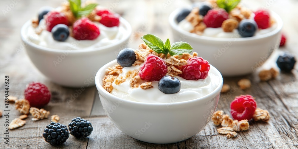 Yogurt bowls with granola and fresh berries arranged on a rustic wooden table with a selective focus and ample copy space in the background Yogurt bowls with granola and fresh berries arranged on a rustic wooden table with a selective focus and ample copy space in the background