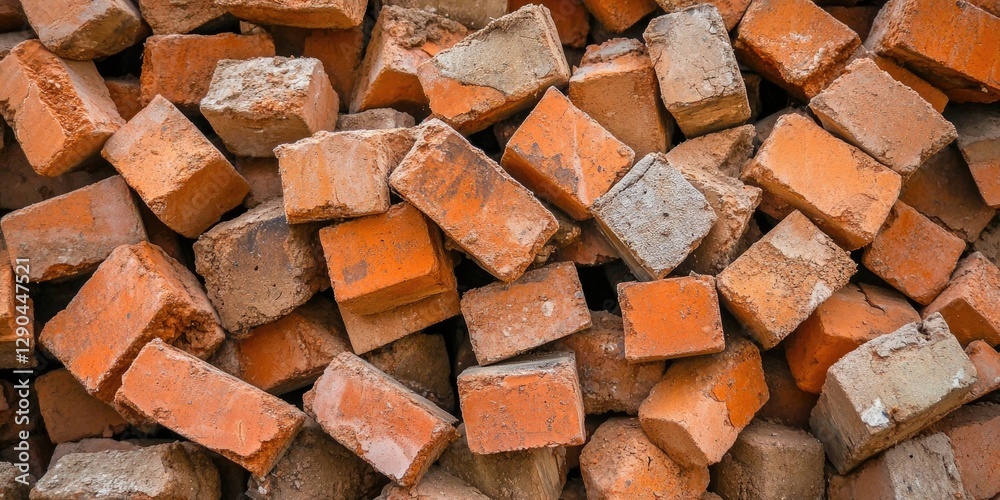 Close-up shot of a pile of weathered orange bricks in various shades and textures arranged haphazardly with some dirt on their surfaces. Close-up shot of a pile of weathered orange bricks in various shades and textures arranged haphazardly with some dirt on their surfaces.
