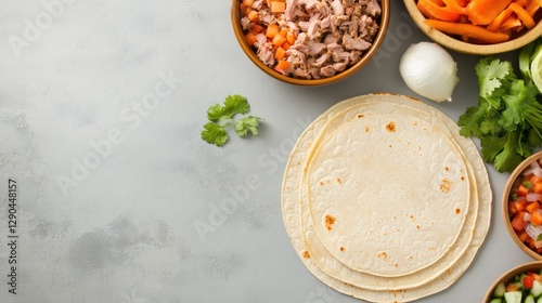 Colorful ingredients arranged for delicious taco feast, highligh photo