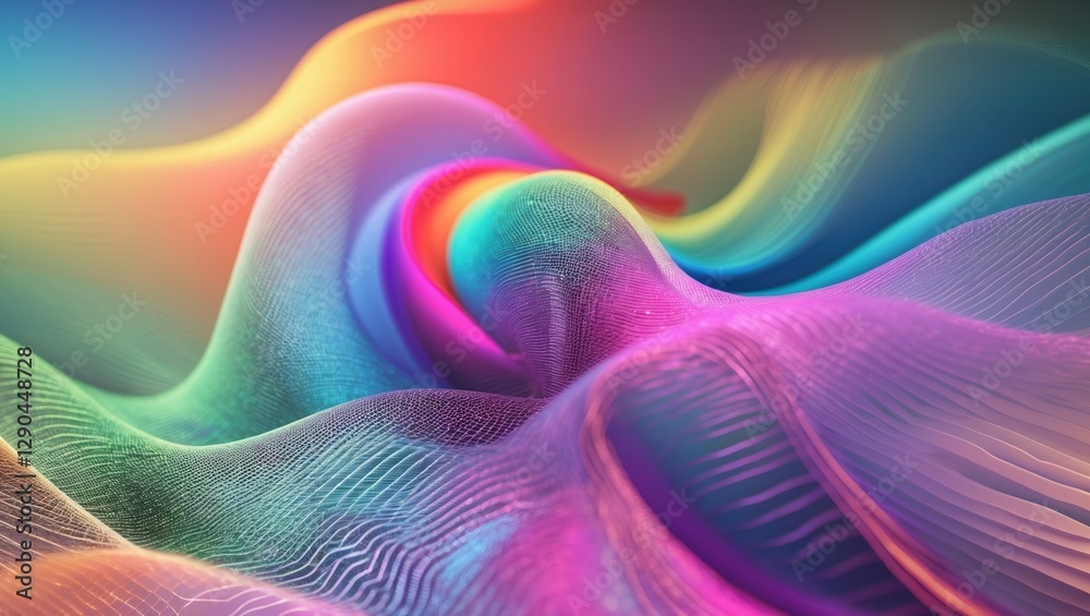Obraz premium Colorful waves pattern. Flowing lines with rainbow gradients and dots. Abstract mesh surface design. Pastel tones in light and shadow, smooth curves