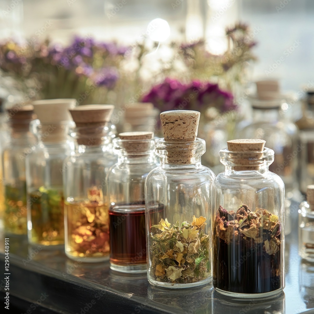 Small glass bottles with herbal infusions, window display Small glass bottles with herbal infusions, window display