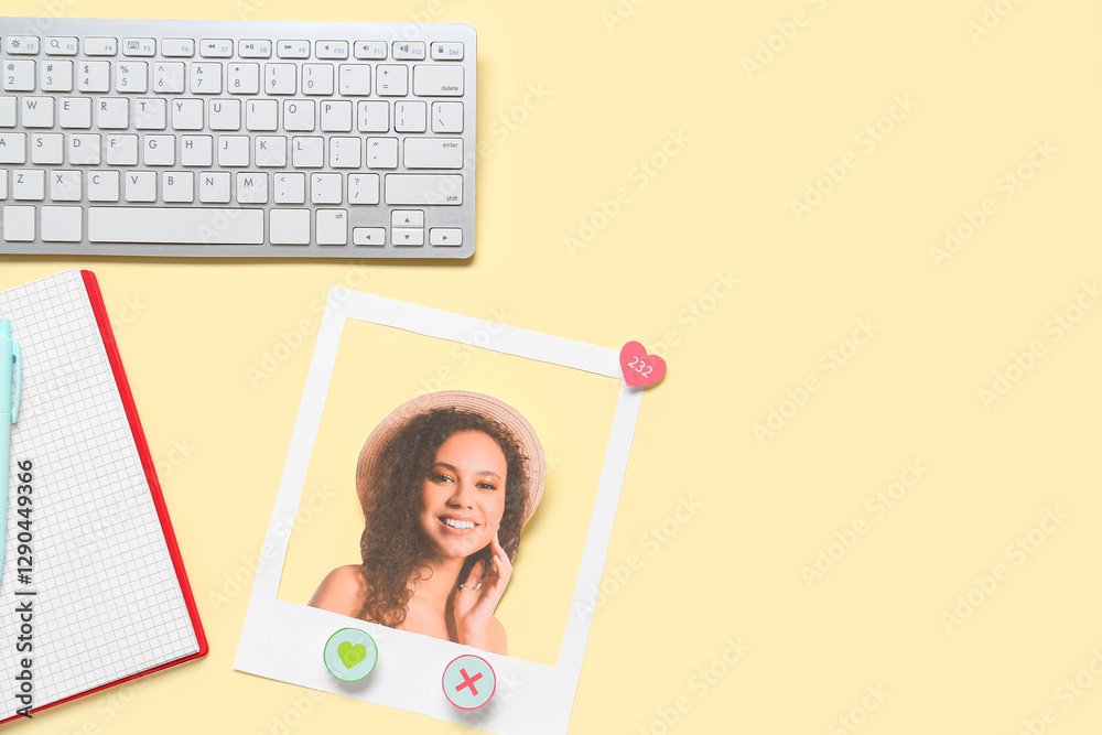 Photo of beautiful woman with computer keyboard, notebook and pen on yellow background. Concept of online dating Photo of beautiful woman with computer keyboard, notebook and pen on yellow background. Concept of online dating
