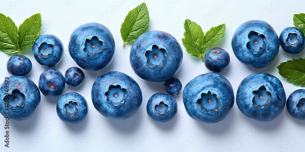 Fresh ripe blueberries and green leaves arranged on light blue background Fresh ripe blueberries and green leaves arranged on light blue background