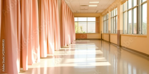 Retro Minimalist Hospital Corridor Sunlit Peach Curtains and Natural Light on Polished Floors - Modern Healthcare Design and Serenity in Medical Spaces