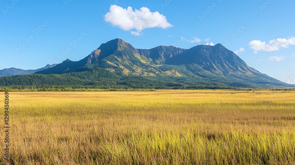 Fototapeta premium Golden Field and Mountain Landscape Under a Bright Blue Sky