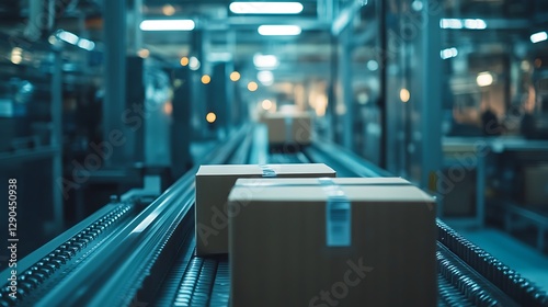 Factory conveyor belt moving boxes photo