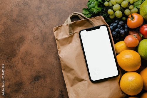 Grocery delivery app mockup, brown paper bag, fresh fruit, vegetables, table top photo