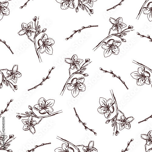 Hand drawn seamless pattern with cherry blossoms and willow branches