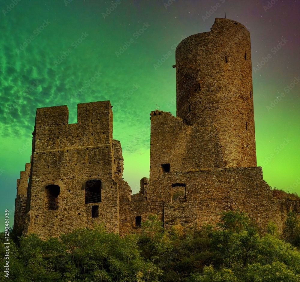 abandoned place of a castle ruins in the morning light