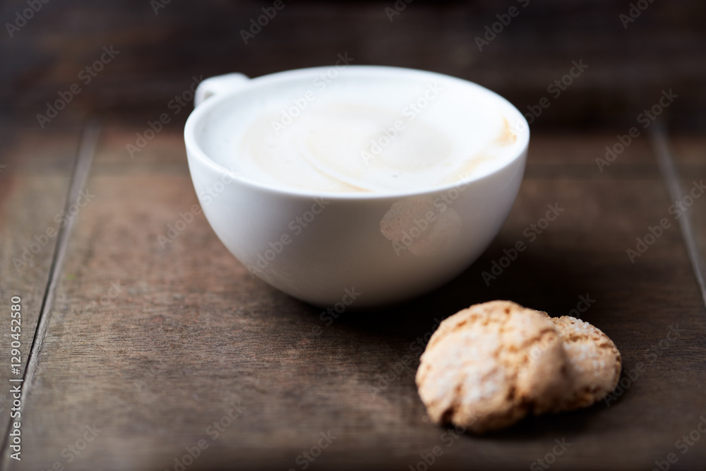 Obraz premium Cappuccino on dark wooden background. Soft focus. Close up.