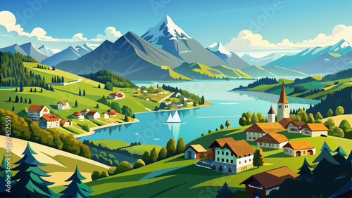 Beautiful view to Lucerne lake (Vierwaldstattersee), mountain Rigi and Swiss Alps from Pilatus mountain, Switzerland
