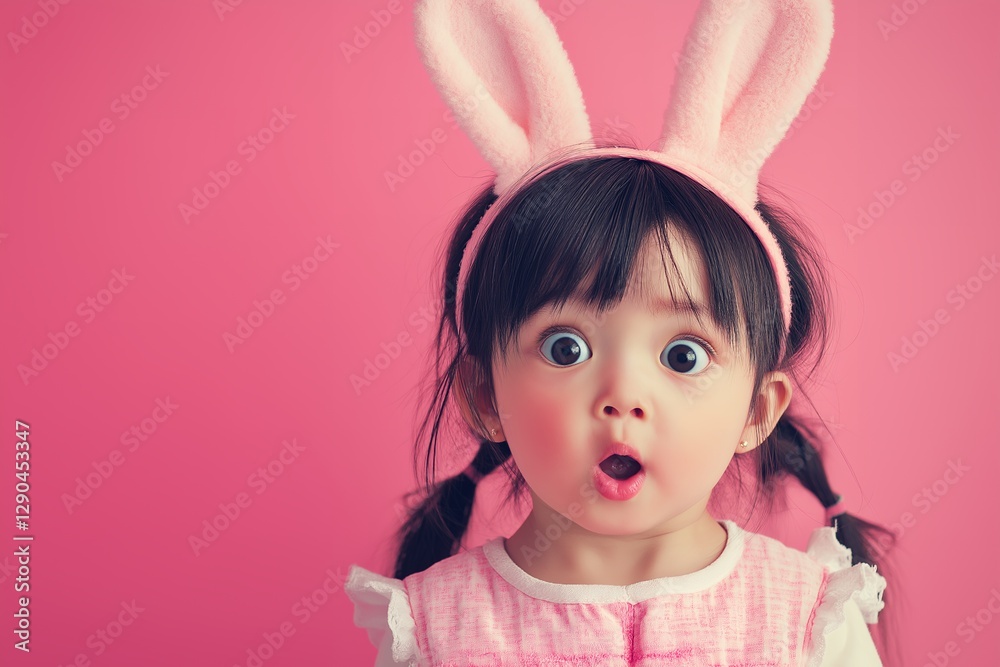 Surprised asian child wearing pink bunny ears on a colorful background Surprised asian child wearing pink bunny ears on a colorful background
