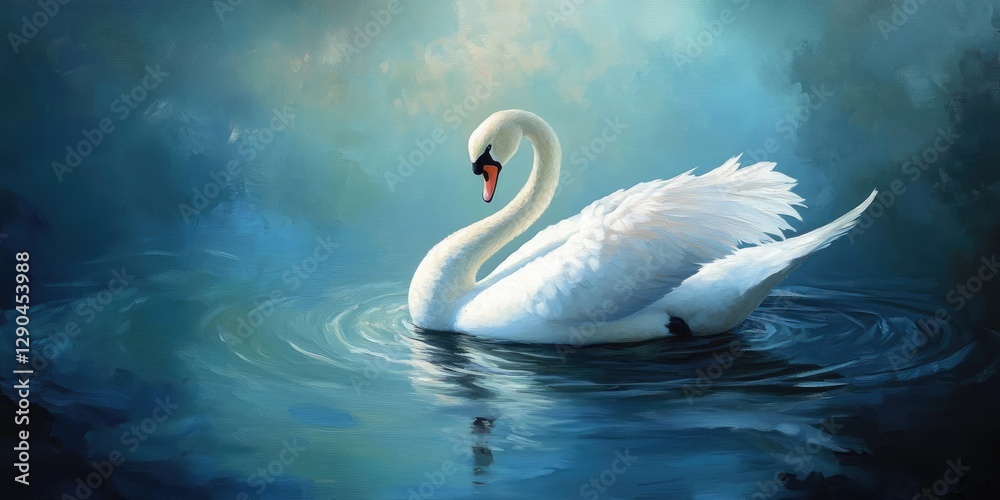 Fototapeta premium Elegant white swan gracefully gliding on calm turquoise water surrounded by soft misty blue hues creating a serene tranquil atmosphere