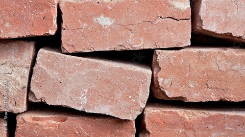 Stacked terracotta bricks, close-up view of building material photo