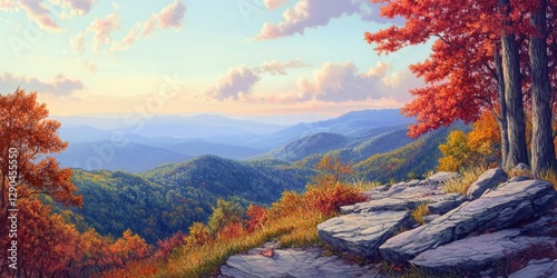 Vibrant autumn landscape with red and orange foliage overlooking rolling mountains under a pastel sky with clouds sunset lighting elements.