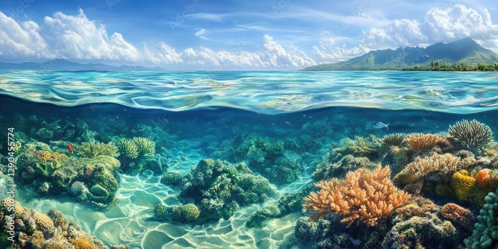 Fototapeta premium Tranquil seascape featuring vibrant coral reef with turquoise water and sunlight filtering through in the foreground, mountains in the background.