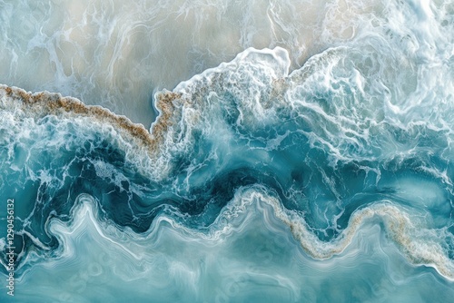 Abstract aerial view of ocean waves crashing on sandy shore, creating beautiful teal and white patterns.