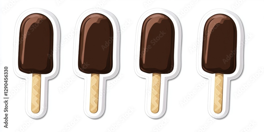 Round chocolate ice cream stick stickers arranged in a row with a smooth dark brown color and light brown wooden sticks set against a white background Round chocolate ice cream stick stickers arranged in a row with a smooth dark brown color and light brown wooden sticks set against a white background