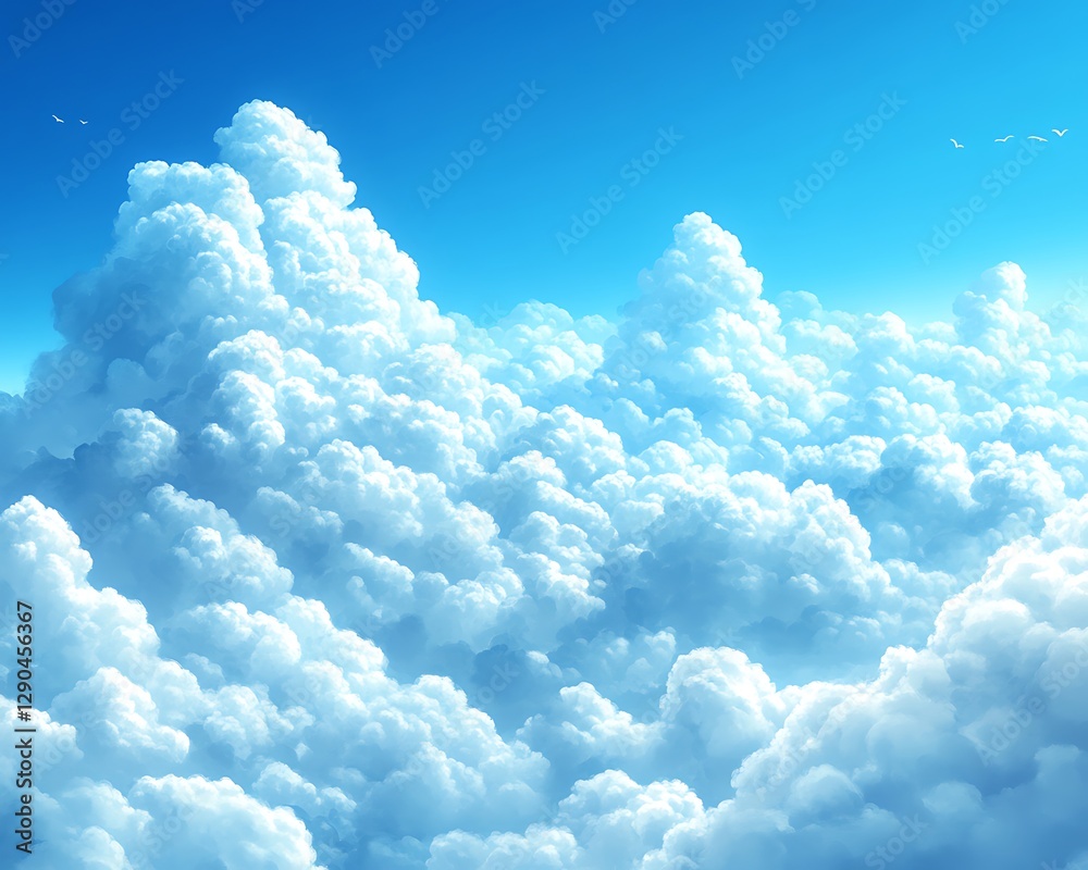 Naklejka premium Fluffy cloudscape, aerial view, bright sky, sunny day, stock image