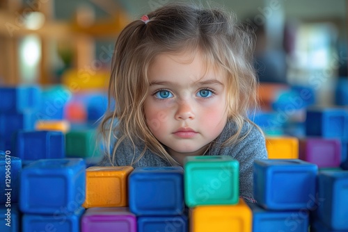  Adorable little girl at a playground, surrounded by colorful wooden beads. Joyful expression, outdoor fun, and active childhood moments
