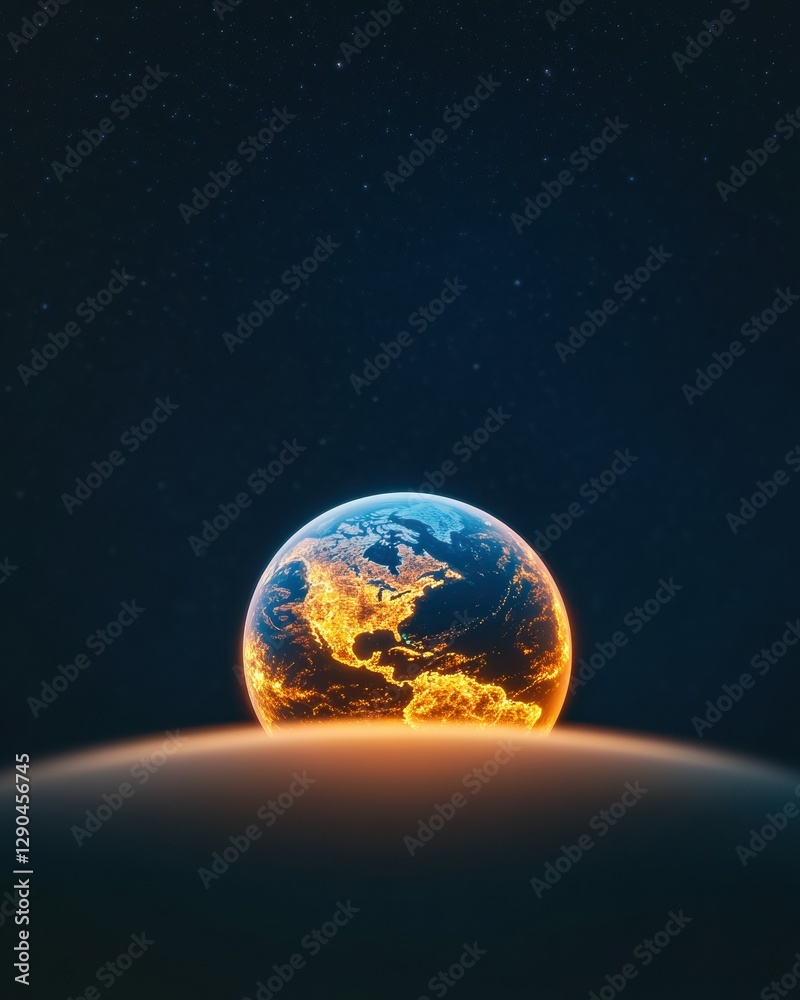 Obraz premium Modern Tech Visualization of Earths Nocturnal City Lights Luminous Space Globe with Atmospheric Glow for Digital Connectivity and Business Innovation