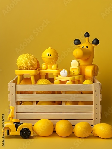 Wooden crate full of yellow toys on yellow background