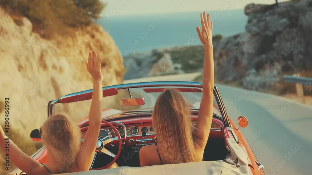 Two young women raising hands while driving in a vintage convertible car on a coastal road. Summer road trip and travel concept