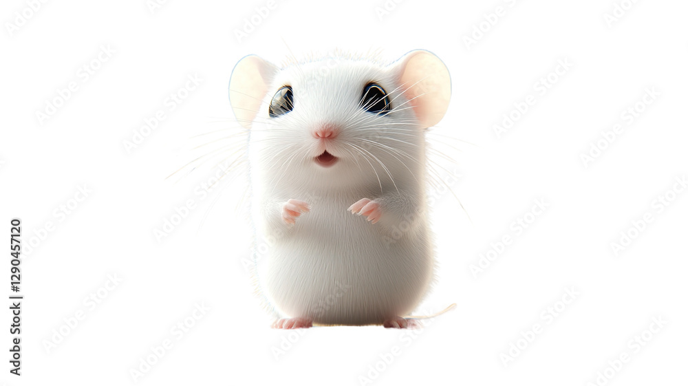 A tiny white mouse with bright eyes and a twitching nose, isolated on a transparent background. The mouse is standing on its hind legs with its front paws raised slightly A tiny white mouse with bright eyes and a twitching nose, isolated on a transparent background. The mouse is standing on its hind legs with its front paws raised slightly