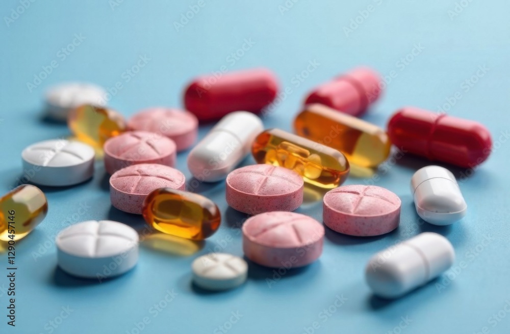 Various pills and capsules scattered on a blue background, representing pharmaceutical medicine and healthcare concepts Various pills and capsules scattered on a blue background, representing pharmaceutical medicine and healthcare concepts