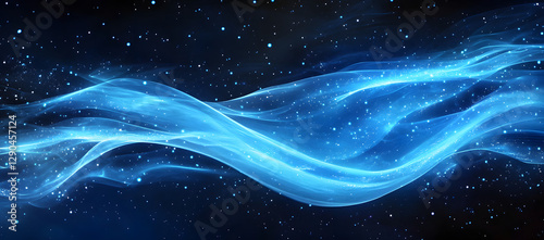 Abstract background with a blue, glowing wave of digital connections and data flow in space on a dark blue background. Big Data technology concept, AI,