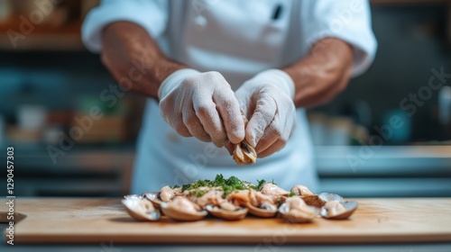 Precision Shellfish Shucking Aesthetic Chef in White Uniform Prepares Exquisite Clams on Stainless Steel - Culinary Training and Coastal Dining Content for Modern Restaurant Kitchens