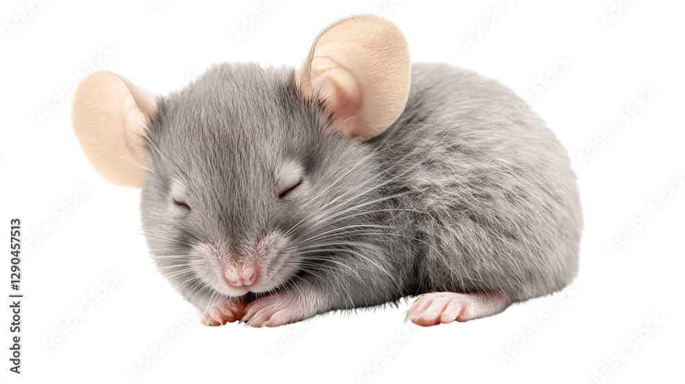 Obraz premium An adorable baby mouse with soft, light gray fur and oversized ears, isolated on a transparent background. The mouse is curled up in a ball, looking sleepy and content.