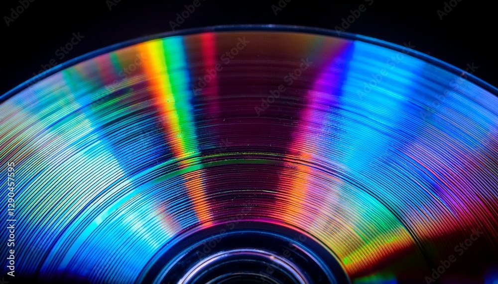 Ultra macro of a CD surface reflecting neon light, creating iridescent streaks and vibrant color patterns, capturing the intricate details of light interaction Ultra macro of a CD surface reflecting neon light, creating iridescent streaks and vibrant color patterns, capturing the intricate details of light interaction