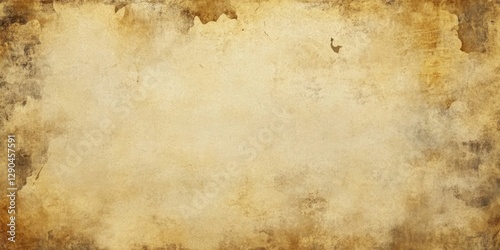 Vintage aged paper background with a textured yellow-brown hue, featuring subtle dark patches and a soft focus towards the center, ideal for design.