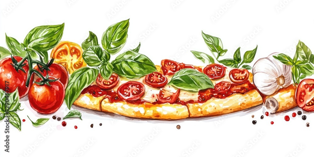 Vibrant pizza slice with fresh tomatoes and basil on a white background, featuring red and green colors with ingredients artfully arranged. Vibrant pizza slice with fresh tomatoes and basil on a white background, featuring red and green colors with ingredients artfully arranged.