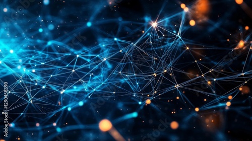 Abstract Network Blue and Orange Glowing Nodes, Connectivity Concept, Digital Art Network, Connectivity