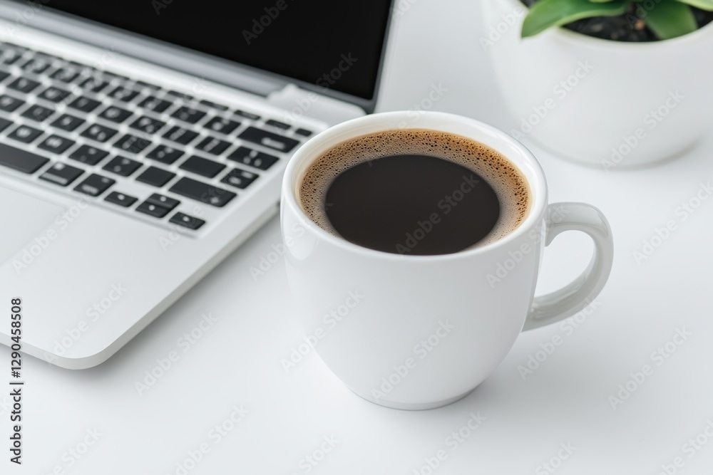 Elevate Your Remote Work with Monday Elegance - Coffee, Laptop, Notepad Flat Lay on White Desk for Productivity in Freelancer Lifestyle Elevate Your Remote Work with Monday Elegance - Coffee, Laptop, Notepad Flat Lay on White Desk for Productivity in Freelancer Lifestyle